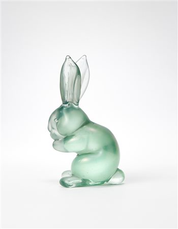 Seguso "Coniglio"Scultura in vetro massello trasparente iridato sulla...