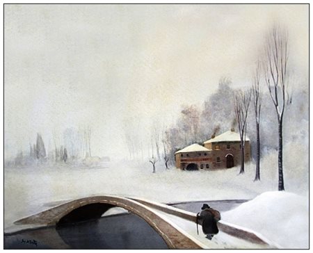 GIO DI BATTE Livorno 1944 Paesaggio nordico, Praga Olio su tela 50 x 60....