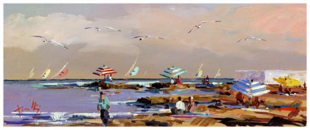 MARIO ROMBOLINI Livorno 1935 Ardenza Olio su faesite 12 x 30. Firma in b. a...