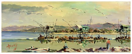 MARIO ROMBOLINI Livorno 1935 Vecchia bocca d’Arno, Marina di Pisa Olio su...