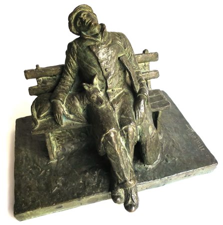 MALERBA scultura in bronzo "uomo su panchina con chitarra e cane" firmata...