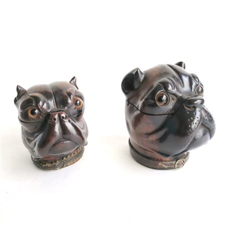 CALAMAI coppia di sculture lignee "buldog" in legno, occhi in vetro...