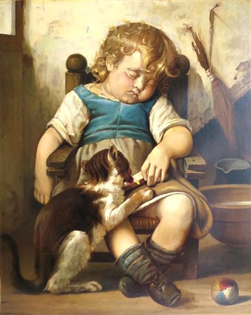 DIPINTO dipinto olio su tela "bambino con gatto" 66 x L 52 Francia fine XIX sec.