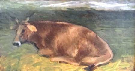 GIOVANNI MALESCI Dipinto olio su tavola "Mucca a riposo" cm 34x18,5