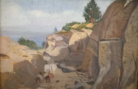 GIOVANNI MALESCI Dipinto olio su tavola "Sbozzatori di pietre" cm 22,5x34