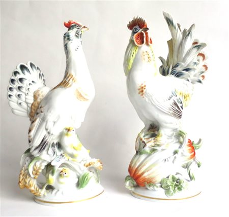 MAISEN Coppia di porcellane "gallo e gallina" h: cm 38,5 Germania