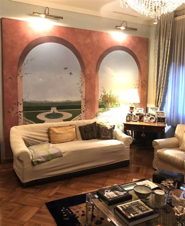 PANNELLO Trompe l'oil pannello a tempera grassa - "Veduta di parco" - cm 280...