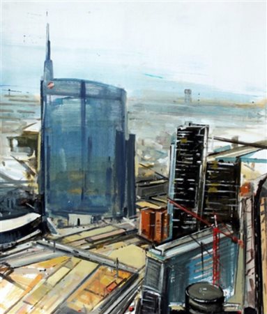 ALESSANDRO RUSSO Acrilico su cartone "Milano. nuovi profili 2014" cm 60x70...