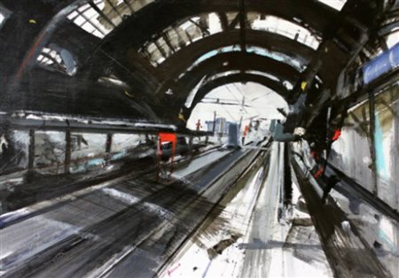 ALESSANDRO RUSSO Acrilico su carta "Milano. stazione centrale" cm 50x70...
