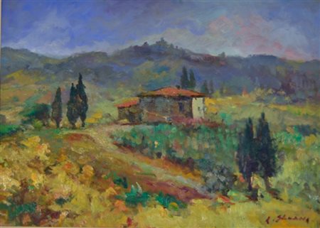 ANTONIO SBRANA Dipinto olio su tavola "colli toscani" cm 47,5x68,5