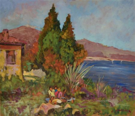 ANTONIO SBRANA Dipinto olio su tavola "merenda nel golfo" cm 70x60