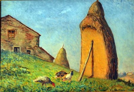 GIOVANNI MALESCI Olio su tavola "Pagliaio Mugellano" 1952 cm 46,5x32,5...