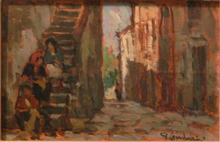 GIUSEPPE COMPARINI Dipinto olio su tavola "scaletta sul vicolo" 1971 cm 27x18...