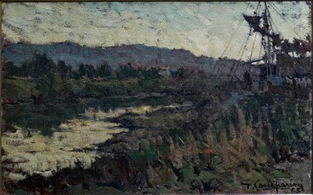 GIUSEPPE COMPARINI Dipinto olio su tela "draga sull'Arno" 1965 cm 60x40...