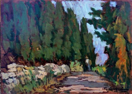 GIUSEPPE COMPARINI Dipinto olio su tavola "strada con cipressi" 1969 cm 50x35...