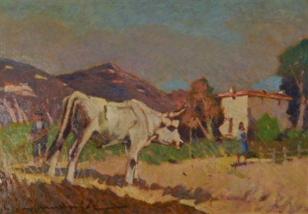 CARLO DOMENICI Dipinto olio su faesite "campagna con contadini" cm 35x50