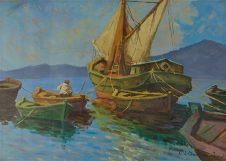 CARLO DOMENICI Dipinto olio su faesite "barche" cm 70x50