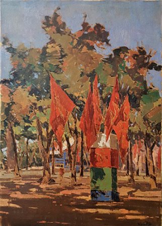 ANGIOLO VOLPE Dipinto olio su tela "bandiere rosse alla rotonda"
