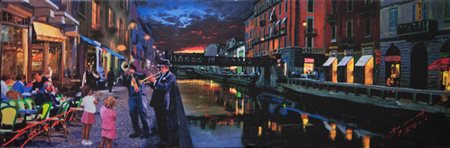 PISATI DA MILANO Retouché su tela "naviglio musica" cm 20x60