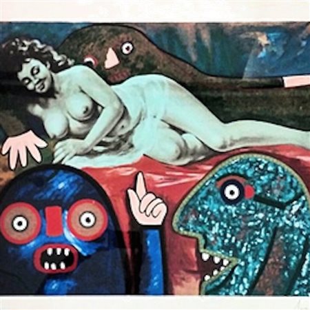 ENRICO BAJ Serigrafia a colori e collage (1986) "Elena Pavlovna ritrovata...