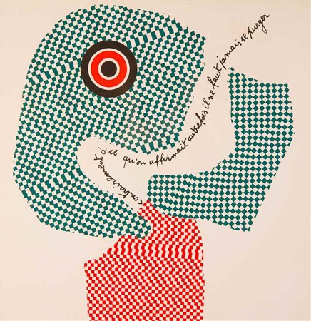 ENRICO BAJ litografia a colori e collage (1972) "Due facce. Le cravate ne...