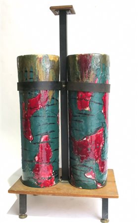 PORTA OMBRELLI in terra cotta smaltata a motivi informali base legno ferro e...