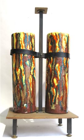 PORTA OMBRELLI in terra cotta smaltata a motivi informali base legno ferro e...