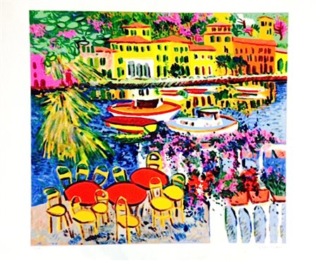 ATHOS FACCINCANI Serigrafia 21/150 "Salò con barche e fiori" cm 85x70 firmato...