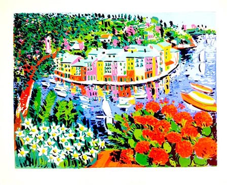ATHOS FACCINCANI Serigrafia 39/150 "Portofino" cm 110x90 firmato a matita e...