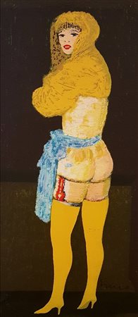 SALVATORE FIUME Serigrafia pastellata su tela "Modella con calze gialle" cm...