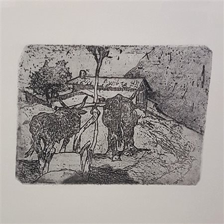GIOVANNI FATTORI Acquaforte "Bovi aggiogati" cm 19,5x15 Edizione inedita...