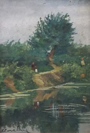 CARLO ACHILLE CAVALIERI Olio su tavola "Lungo il fiume" - firmato in basso a...