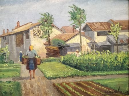 CARLO ACHILLE CAVALIERI Olio su tavola "Cascina" - firmato in basso a dx - cm...