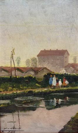 CARLO ACHILLE CAVALIERI Olio su tavola "Persone sul fiume" - firmato in basso...