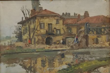 FIRMA ILLEGGIBILE Olio su tavola "Gruppo di case" - firmato in basso a dx -...