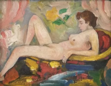 ANONIMO Olio su tavola "Nudo sdraiato" - cm 14 x 12.5