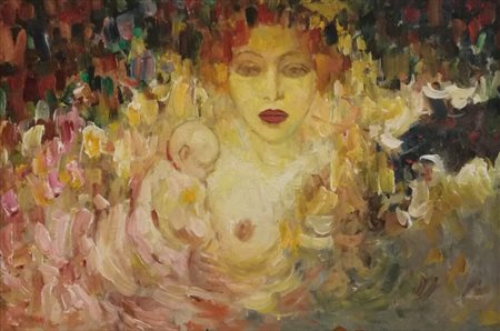 ANONIMO Olio su tavola "Mamma con bambino" - cm 26 x 18