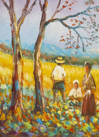 FRANCESCO GRASSI (1940)Ora di siesta nei campi d'estateOlio su cartonecm...