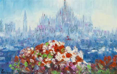 FRANCESCO GRASSI (1940)Il Duomo di Milano visto dalla terrazza in fioreOlio...