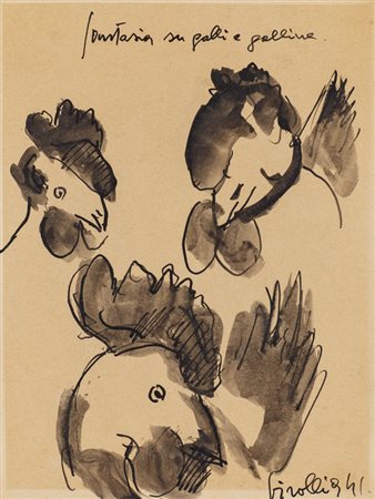 RENATO BIROLLI (1905-1959)Fantasia su galli e galline, 1941Gouache su carta...