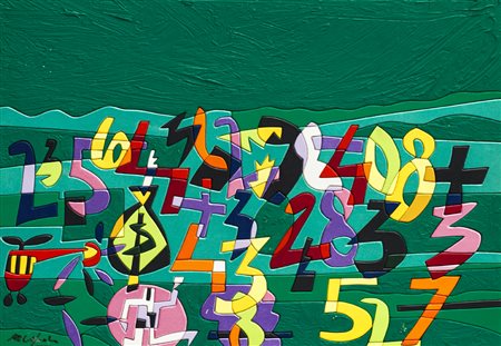 UGO NESPOLO (1941)Flusso numericoAcrilici su legnocm 35x50x2Firma al...