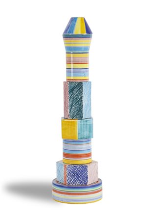 PIERO DORAZIO (1927-2005)Torre di babele, 1984Scultura in ceramica policroma...
