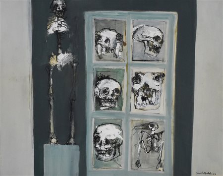 De Micheli Giovanni Scheletri in vetrina olio su tela, cm 53x41,5 eseguito...