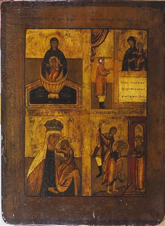 Icona dipinta su tavola raffigurante scene sacre. Russia, XIX secolo. cm. 36x27.