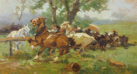 Pittore fine XIX secolo "Cavalli nel bosco" cm. 38x68 - olio su tavola