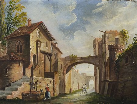 Maestro del XIX secolo "Veduta con case" cm. 18x22 - olio su rame