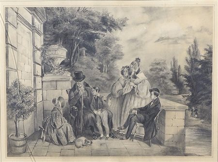 Pittore del XIX secolo "La famiglia" cm. 28x38 - disegno a matita