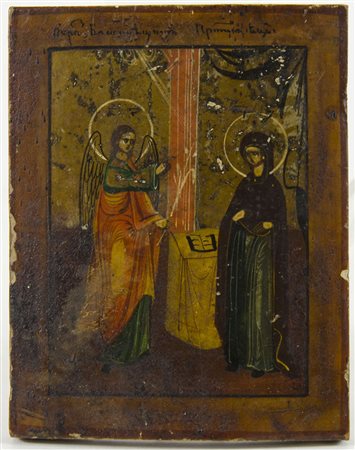 Piccola icona dipinta su tavola raffigurante santi, cm. 11x9.