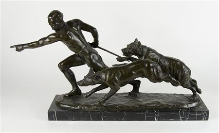 Louis Richè 1877-1949 "Cacciatore con cani" lung. cm. 74 - scultura in bronzo...