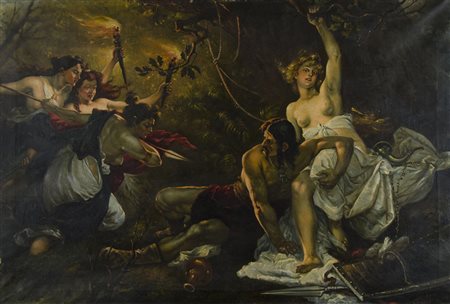 Pittore primi '900 "Amazzoni e guerriero" cm. 80x117 - olio su tela Tracce di...